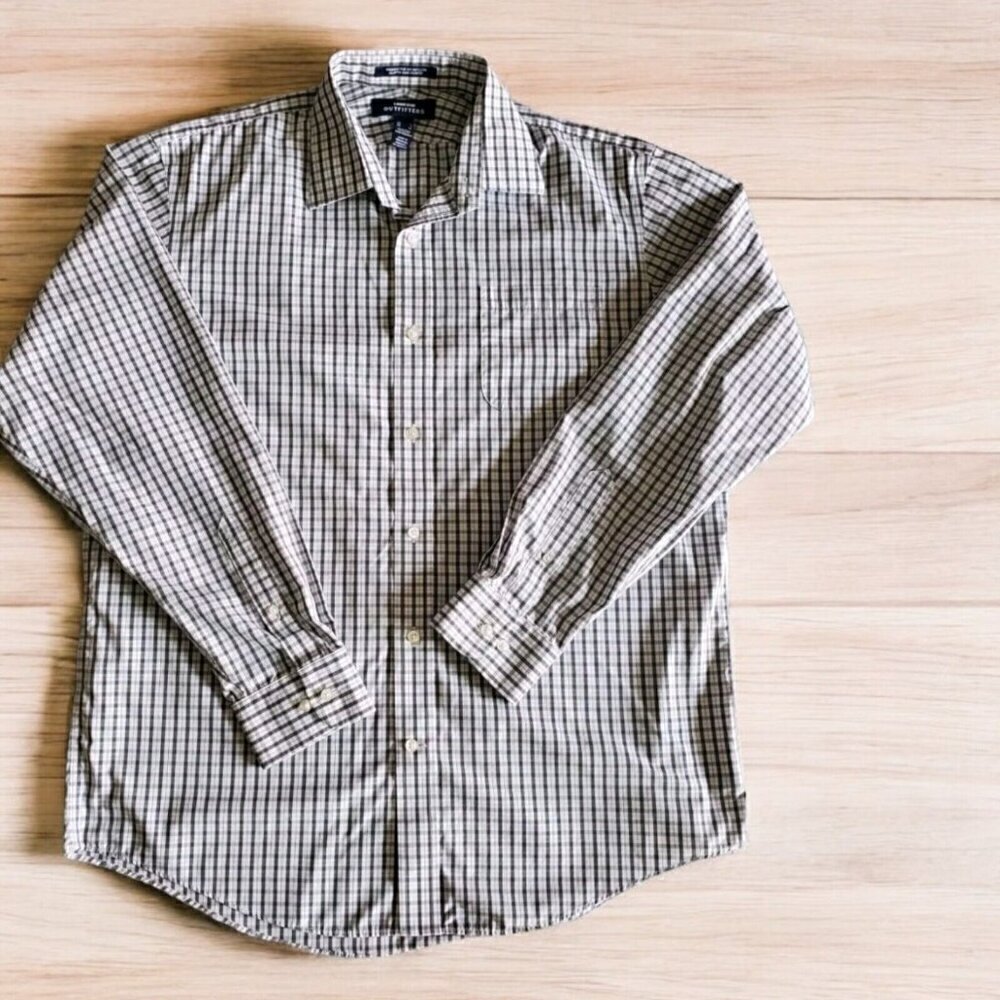 Lands' End Outfitters Long Sleeve Plaid Mens Large Button Down White Gray
